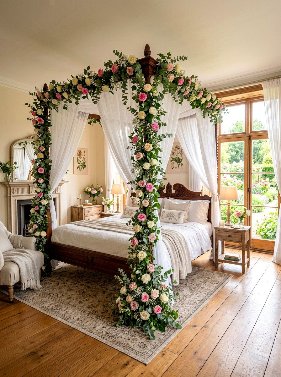 Fresh flower vine decoration - 25 Spring Four Poster Bed Decor Ideas