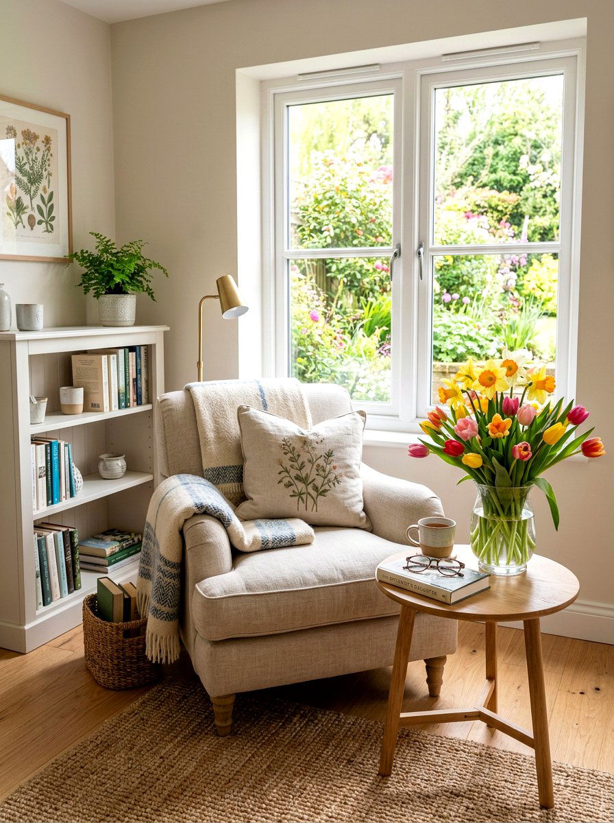 Fresh flowers for reading nook - 25 Spring Library Decor Ideas