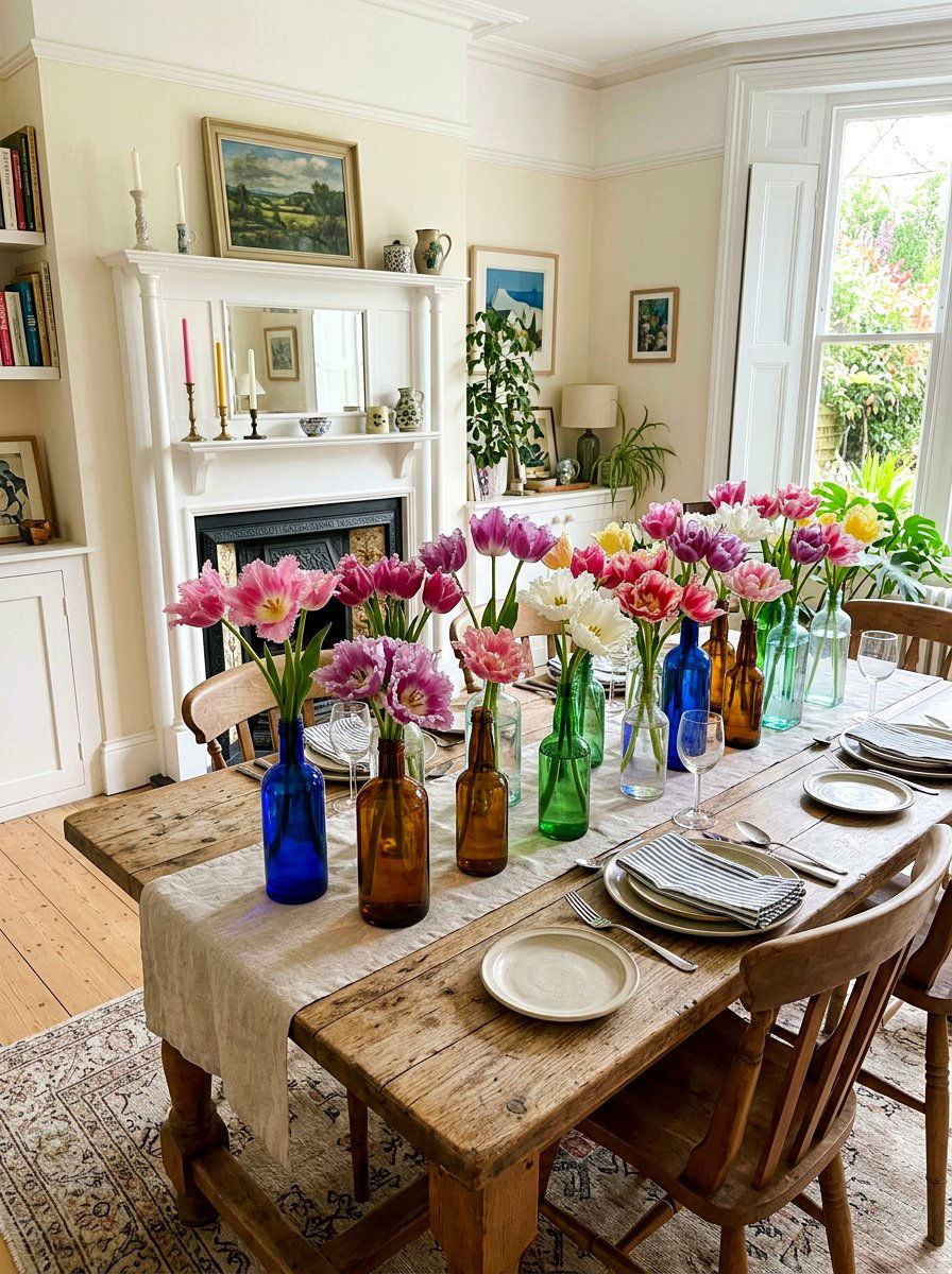 Fringed tulips in colorful glass bottle - 25 Spring Tulip Bulb Vase Ideas