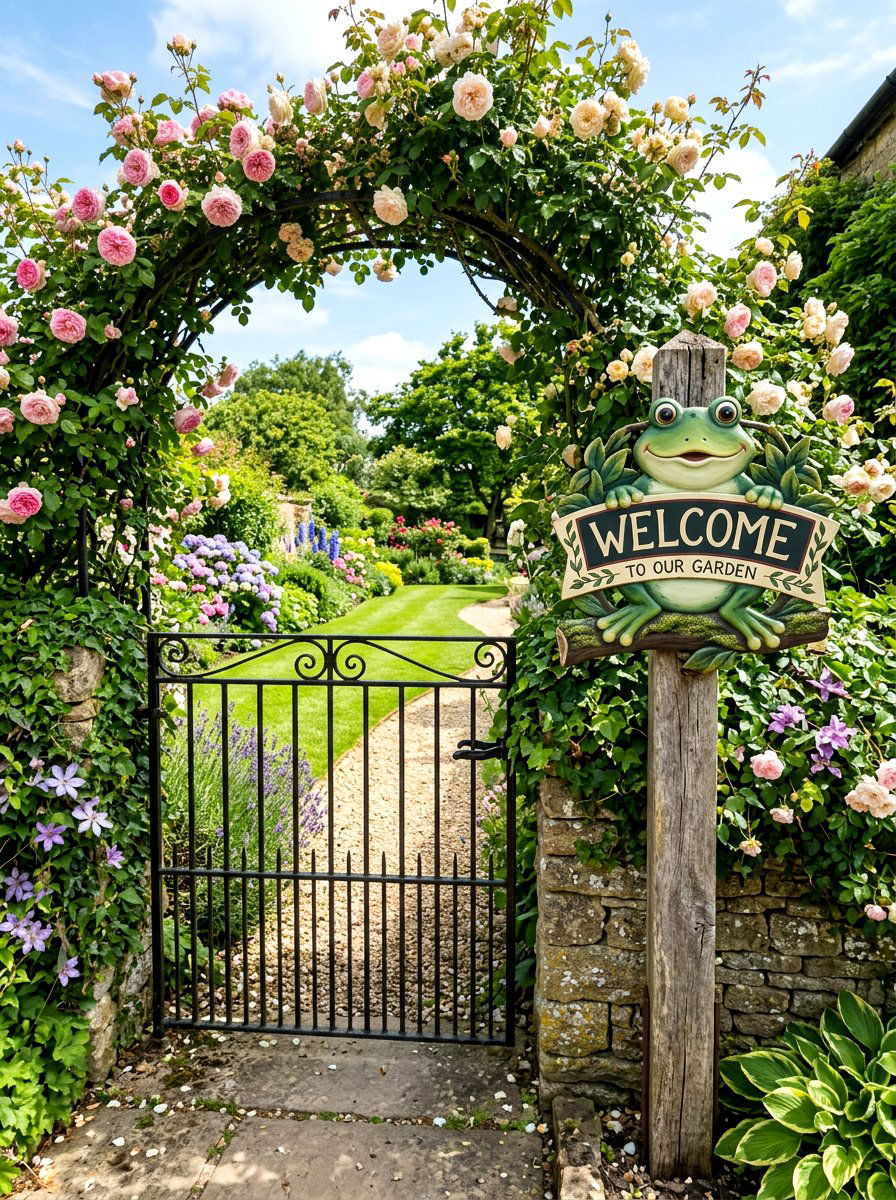 Frog Welcome Sign for Garden - 25 Spring Frog Garden Decor Ideas