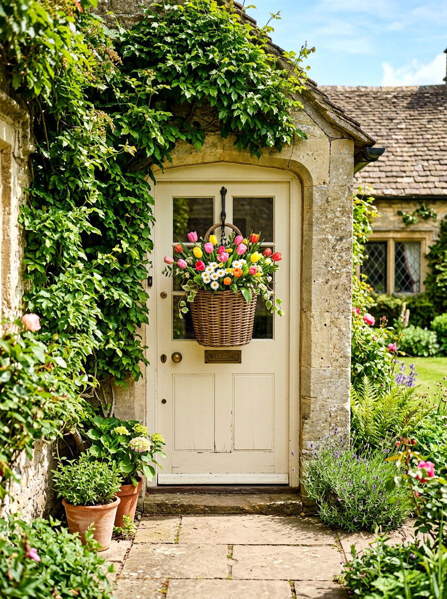 Front Door Flower Basket - 25 Spring Cottage Door Ideas
