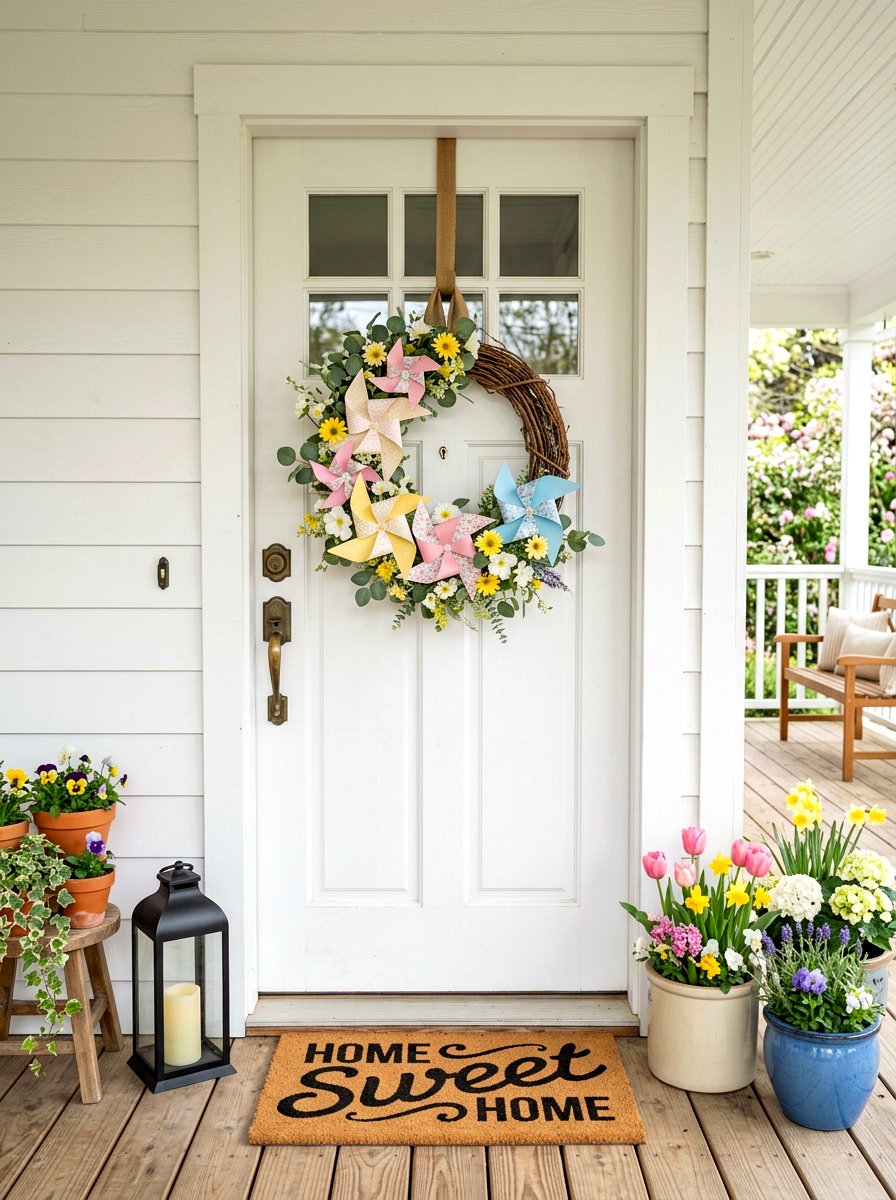 Front Door Pinwheel Wreath - 25 Spring Pinwheel Decor Ideas