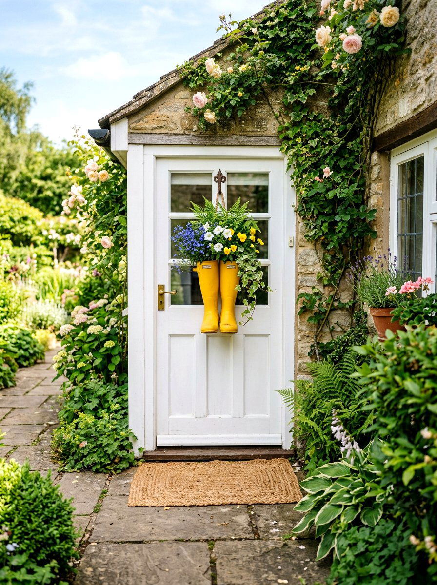 Front Door Rain Boots - 25 Spring Cottage Door Ideas