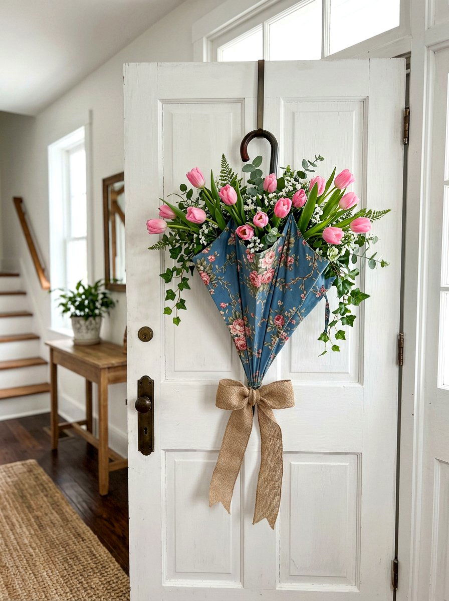 Front Door Umbrella Wreath - 25 Spring Umbrella Decor Ideas