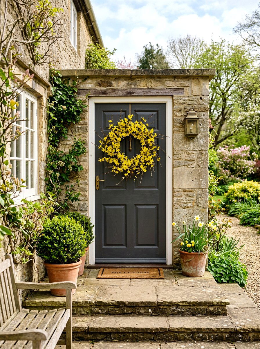 Front Door With Forsythia - 25 Spring Cottage Door Ideas