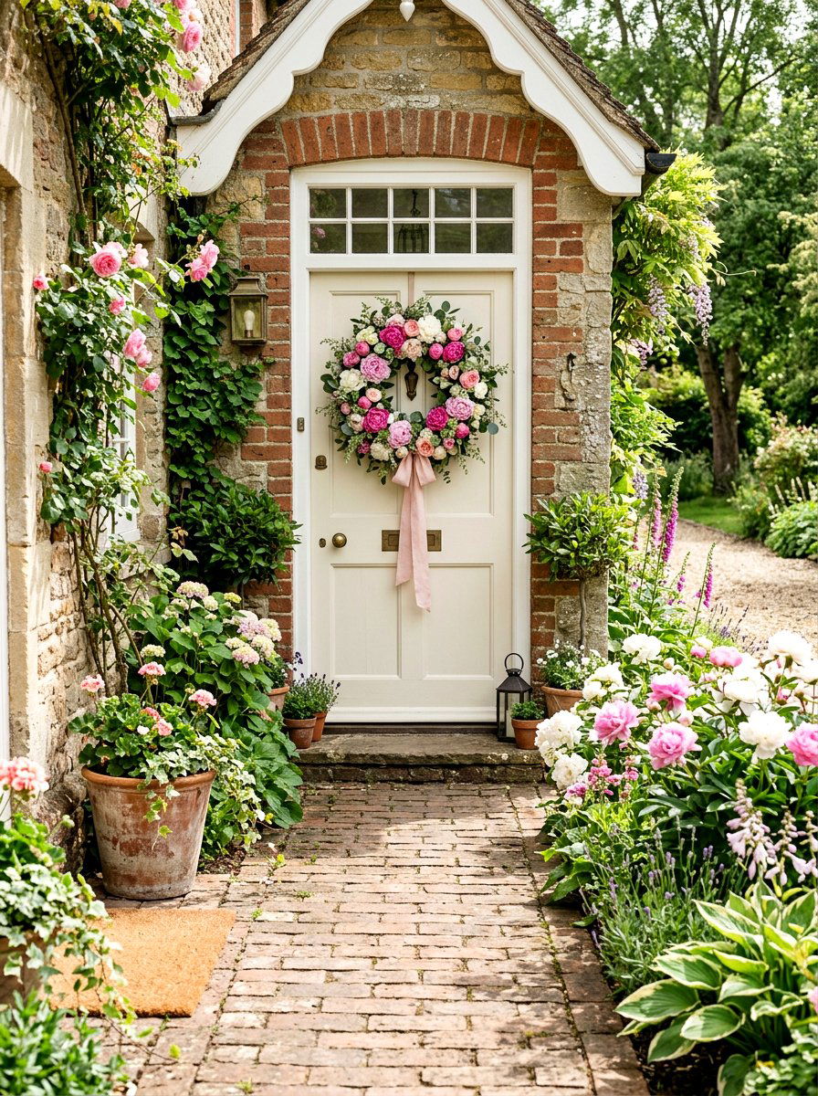Front Door With Peonies - 25 Spring Cottage Door Ideas