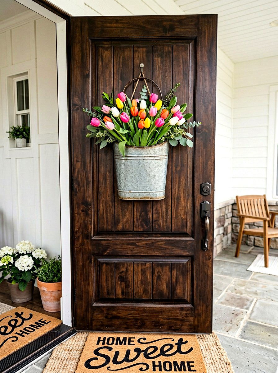 Front Door Wreath Bucket - 25 Spring Galvanized Bucket Decor Ideas