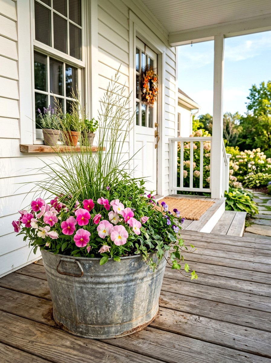 Front Porch Flower Tub - 25 Spring Galvanized Tub Planter Ideas