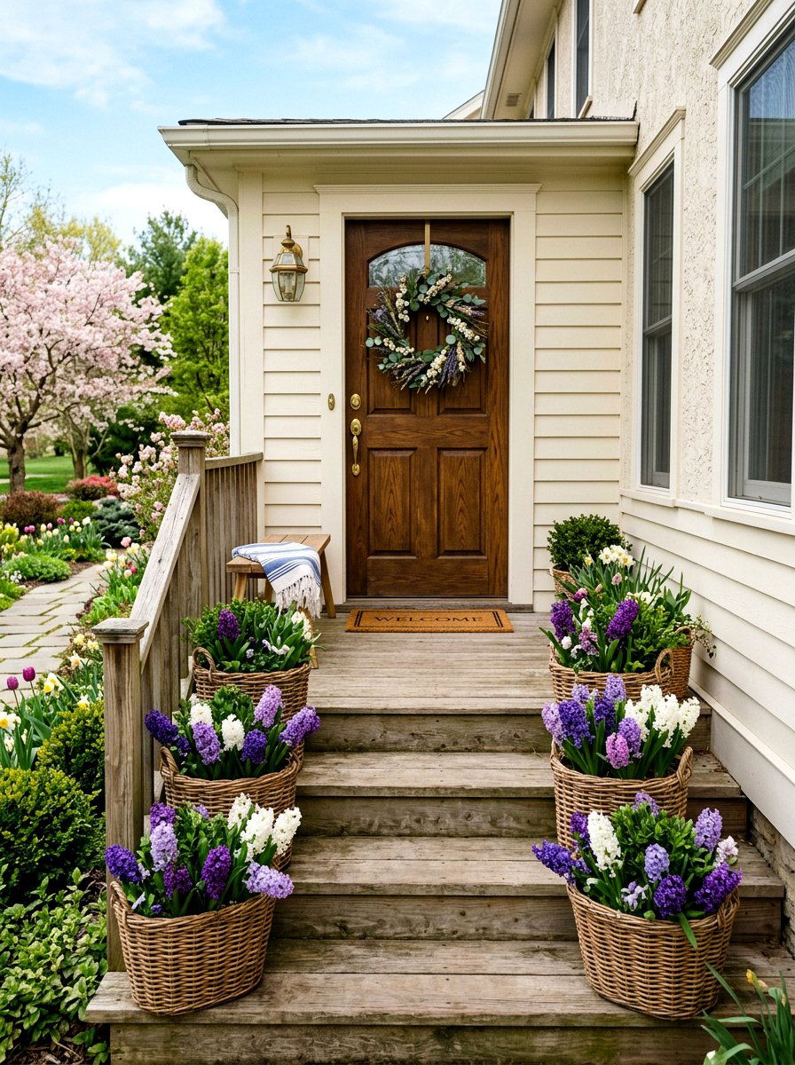 Front Porch Hyacinth Basket - 25 Spring Hyacinth Basket Decor Ideas