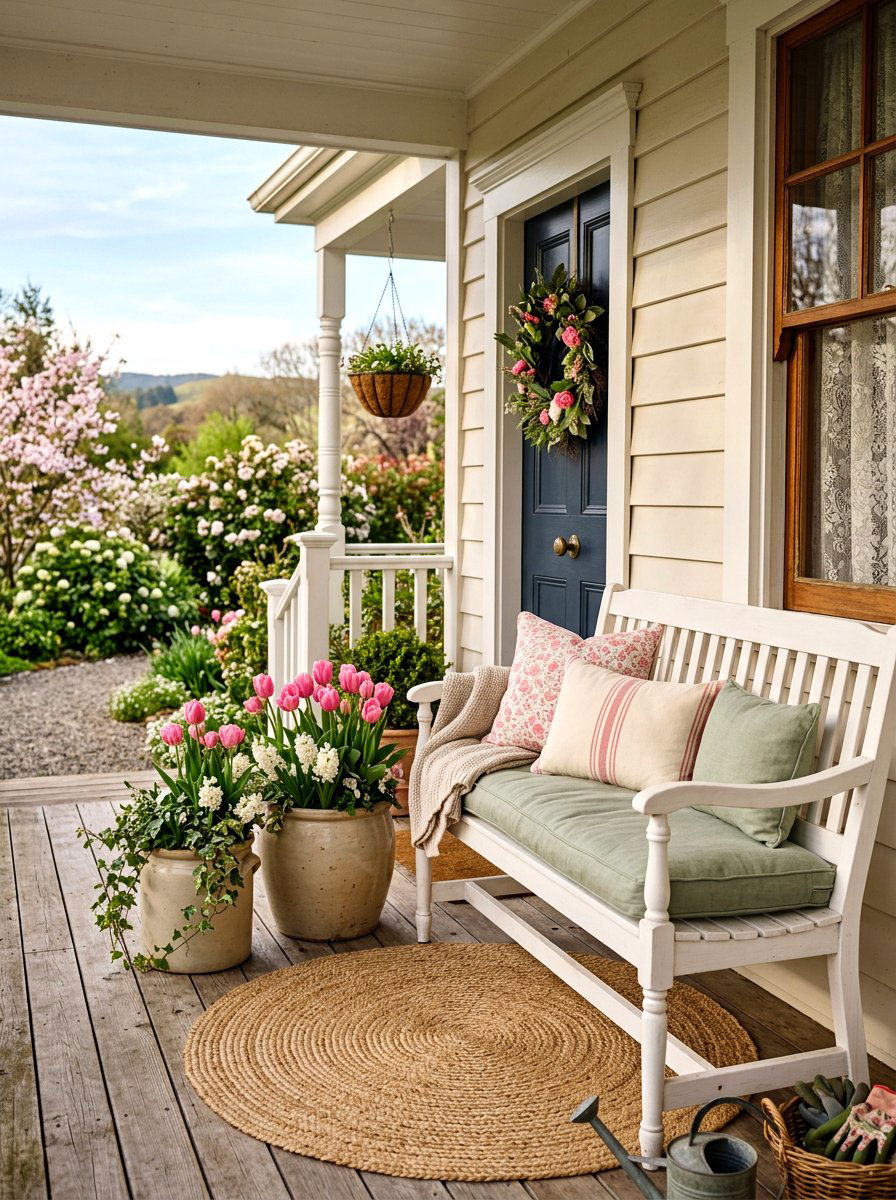 Front Porch Spring Bench - 25 Spring Outdoor Bench Decor Ideas