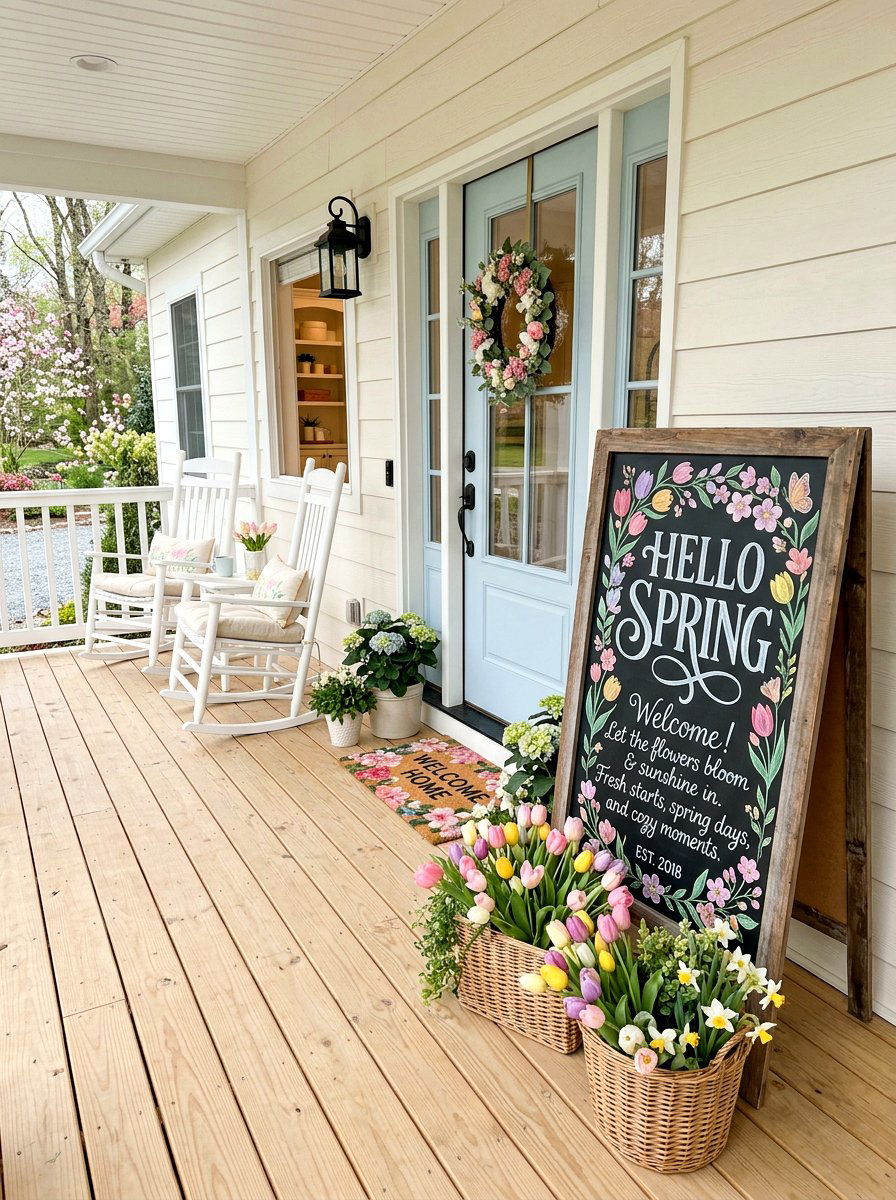 Front Porch Spring Welcome - 25 Spring Chalkboard Sign Ideas