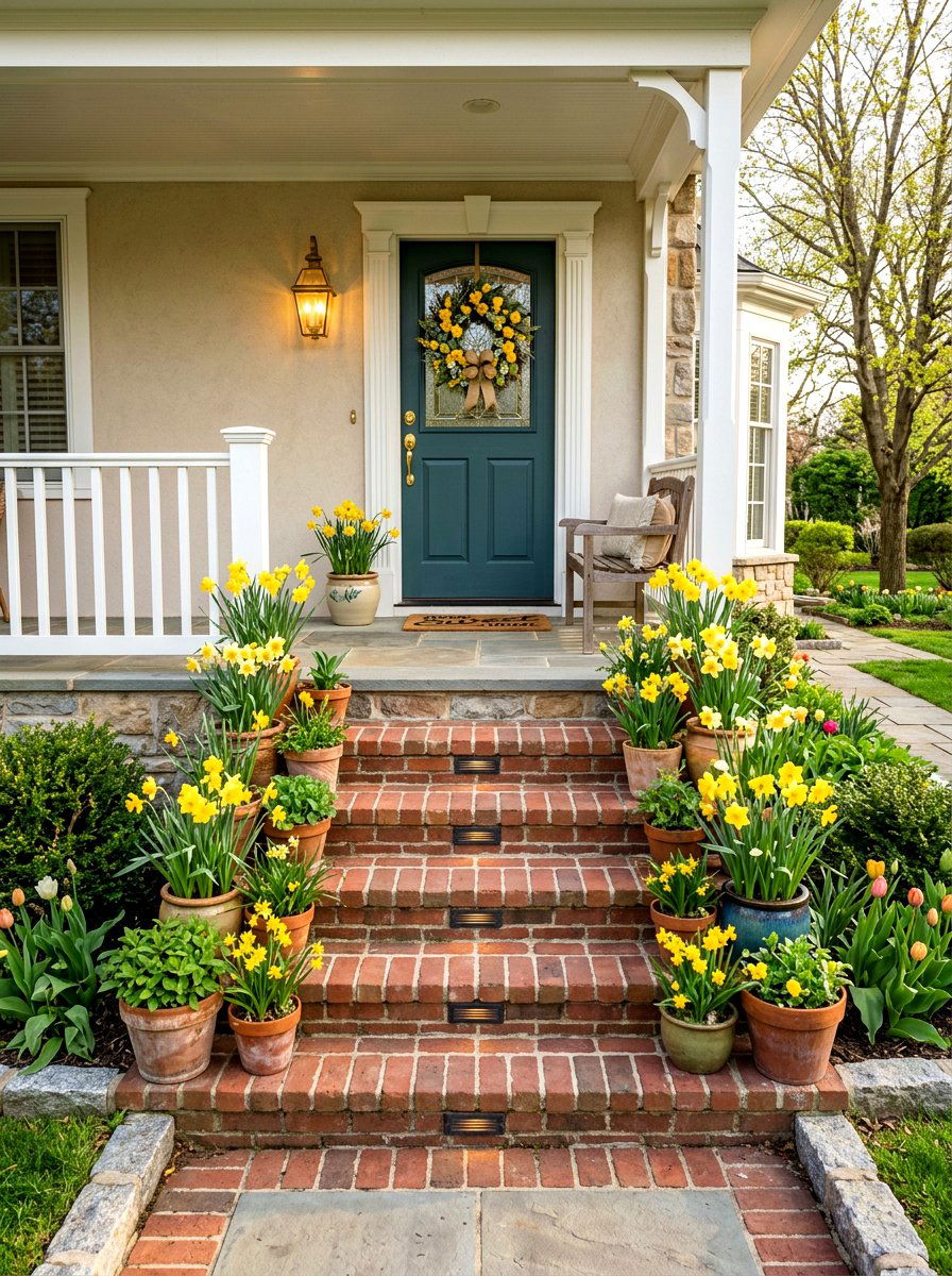 Front Porch Step - 25 Spring Daffodil Garden Ideas