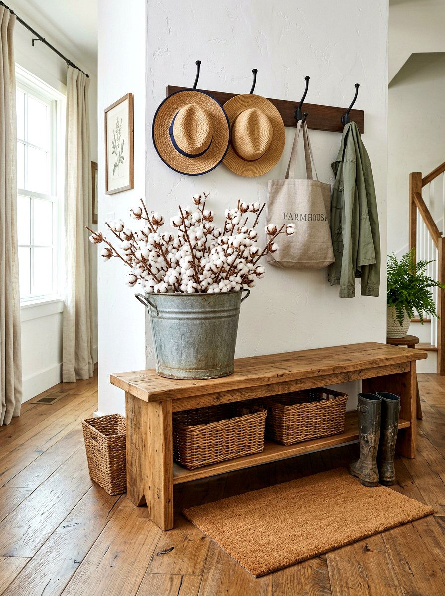 Galvanized Bucket Cotton Stems - 25 Spring Cotton Stem Decor Ideas