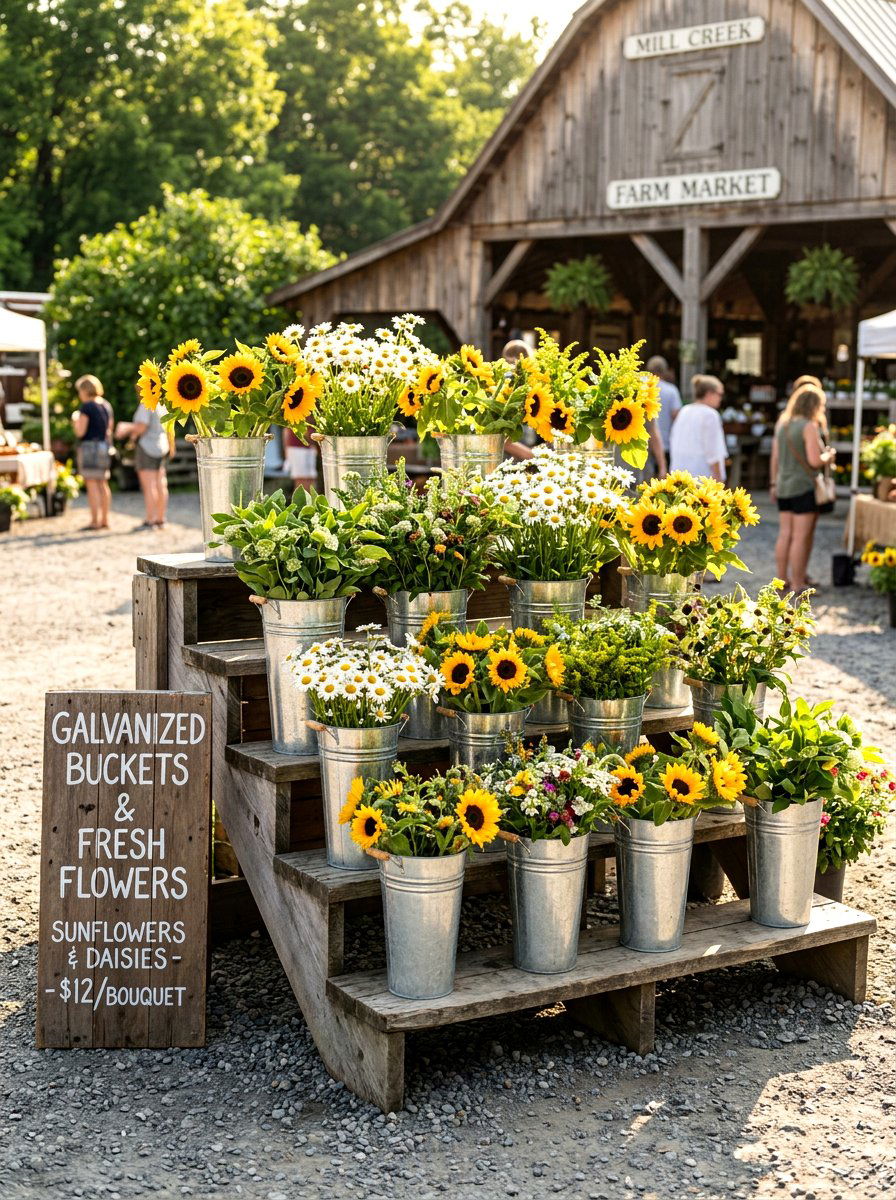 Galvanized Bucket Display - 25 Spring Flower Market Ideas