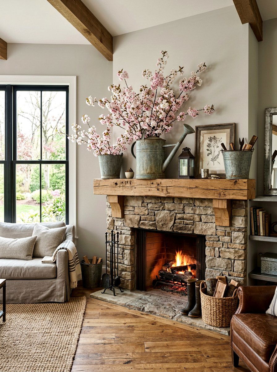 Galvanized Bucket Floral Display - 25 Spring Rustic Mantel Ideas