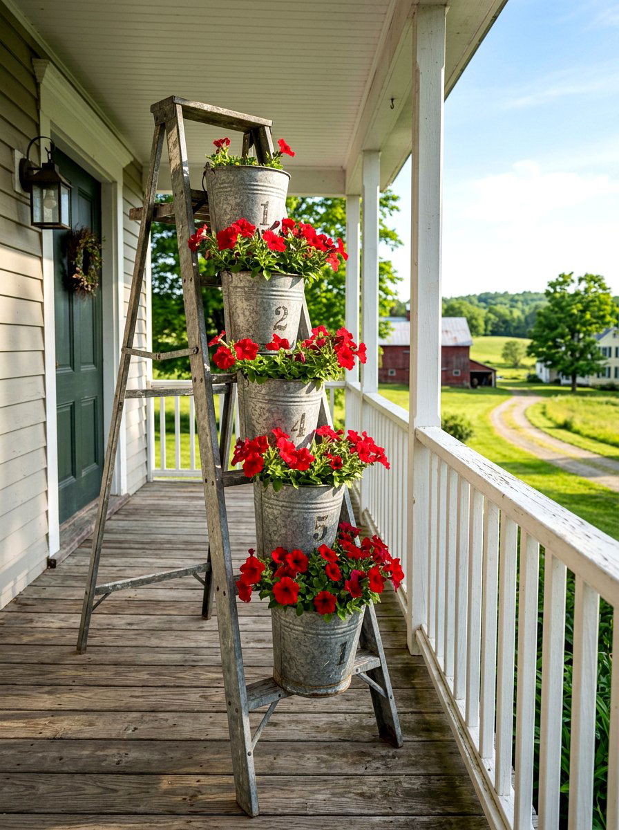 Galvanized Bucket Ladder Planter - 25 Spring Garden Ladder Display Ideas