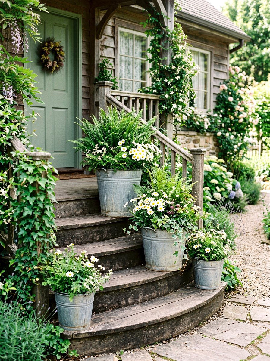 Galvanized Bucket Planter - 25 Spring Porch Step Decor Ideas