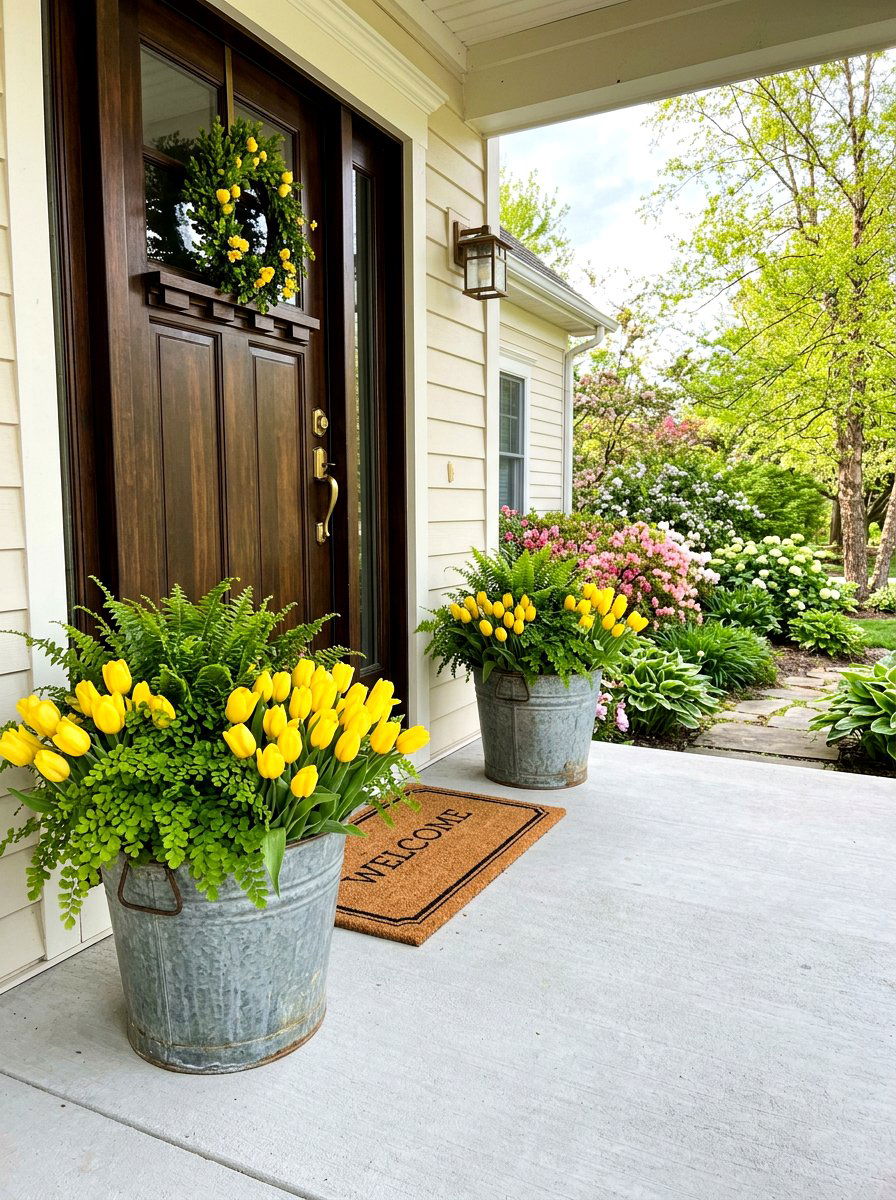 Galvanized Bucket Porch Display - 25 Spring Upcycled Decor Ideas