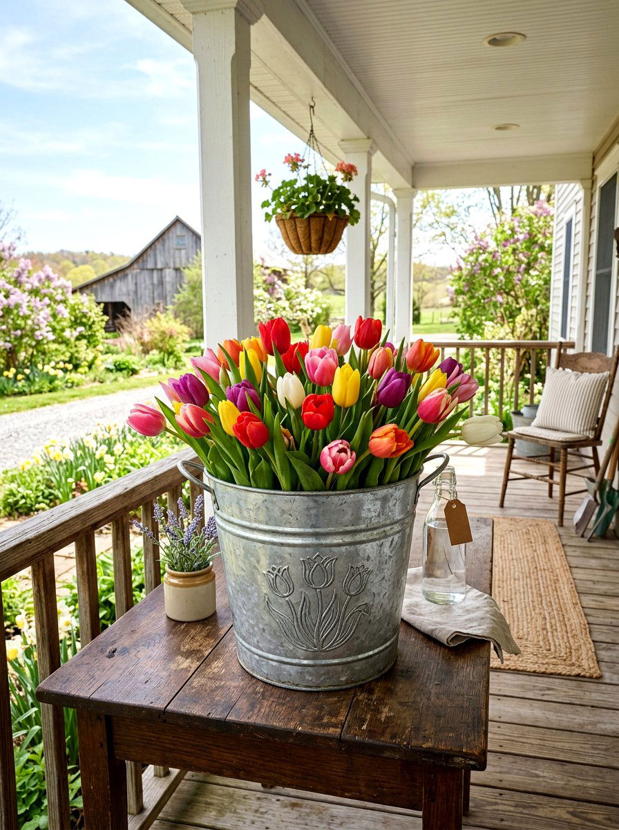 Galvanized Bucket Tulip Arrangement - 25 Spring Tulip Centerpiece Ideas