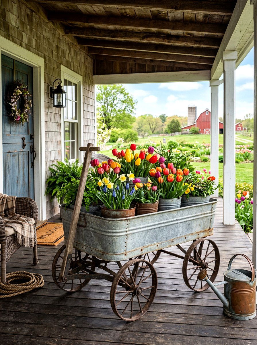 Galvanized Bucket Wagon - 25 Spring Porch Wagon Decor Ideas