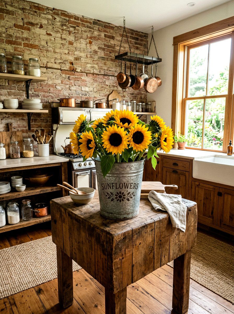 Galvanized Bucket With Sunflowers - 25 Spring Kitchen Centerpiece Ideas