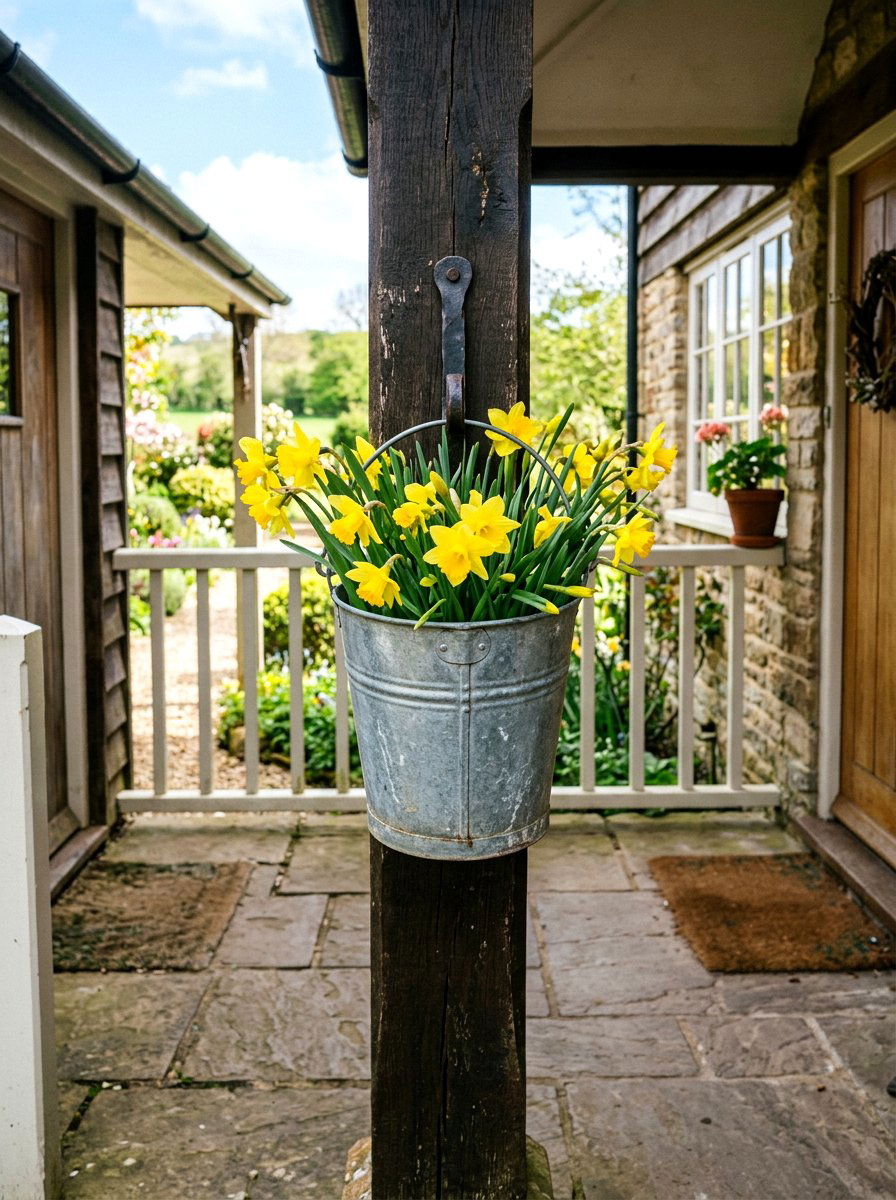 Galvanized Metal Bucket Porch Post - 25 Spring Porch Post Decor Ideas