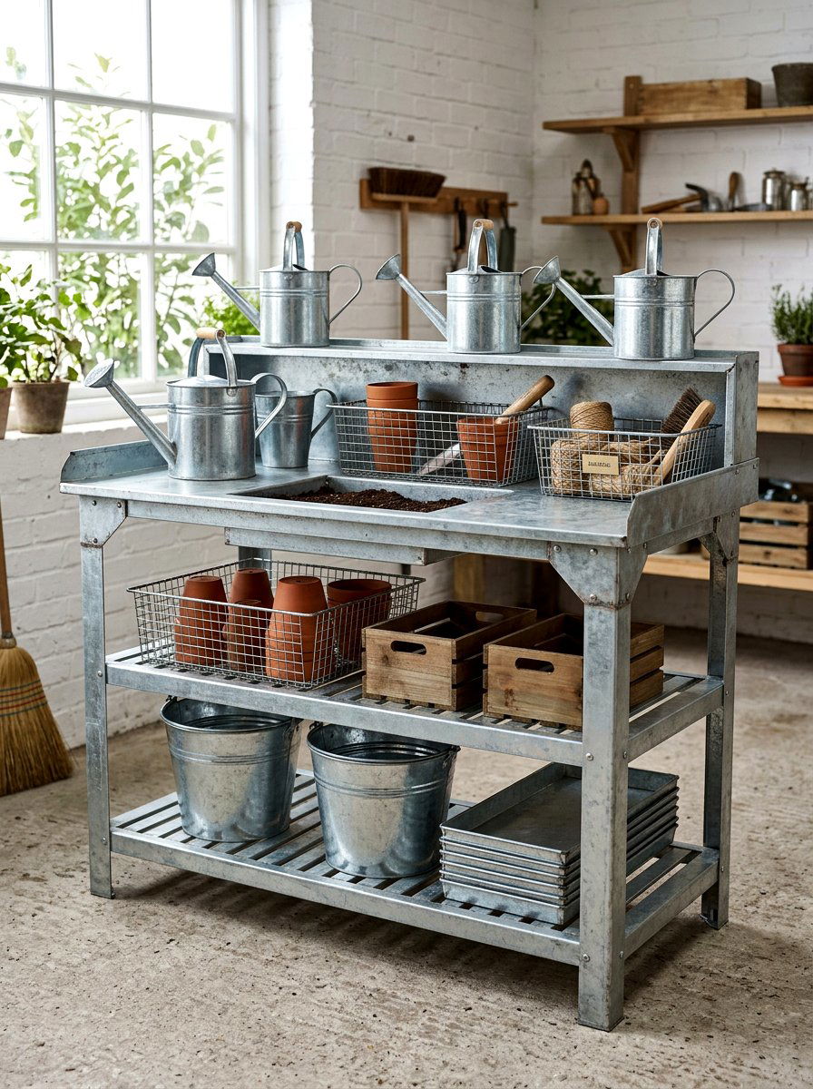 Galvanized Metal Potting Table - 25 Spring Potting Bench Decor Ideas
