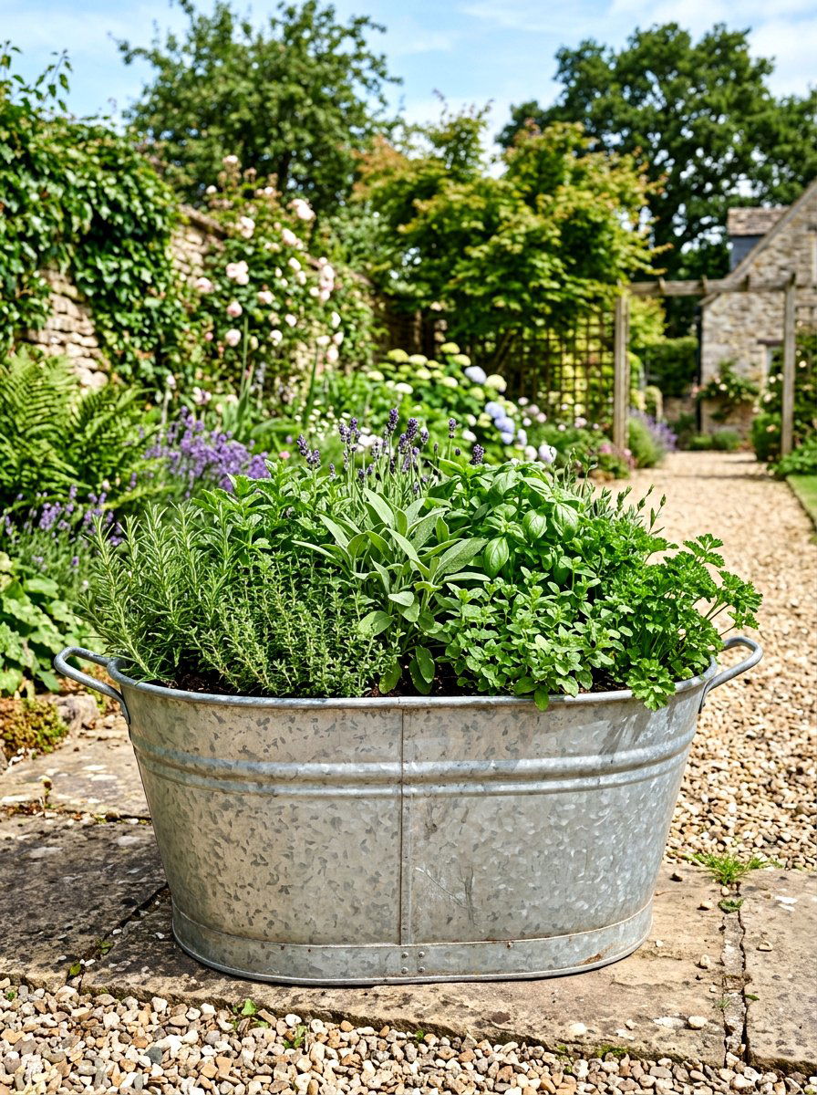 Galvanized Metal Tub - 25 Spring Herb Garden Decor Ideas
