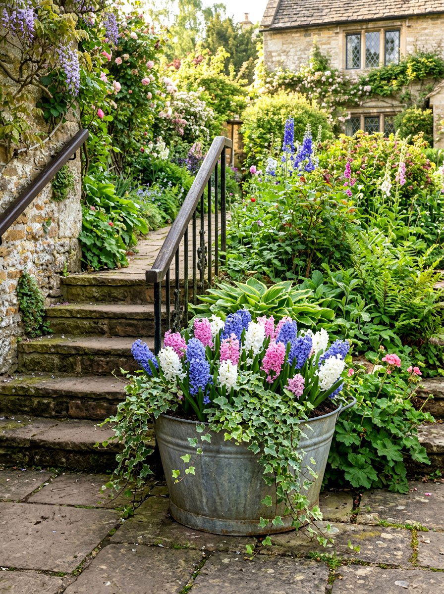 Galvanized Tub Floral Display - 25 Spring Outdoor Staircase Decor Ideas
