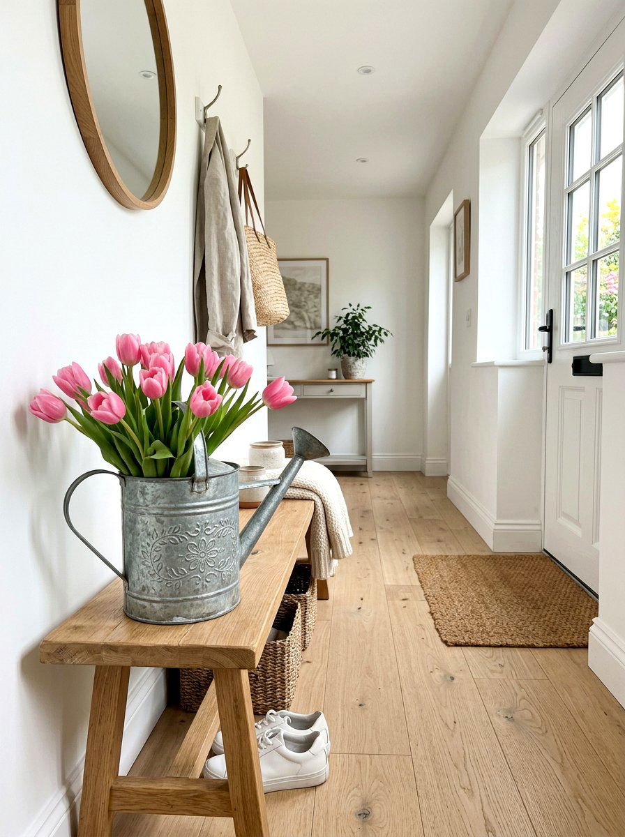 Galvanized Watering Can With Pink Tulips - 25 Spring Watering Can Decor Ideas