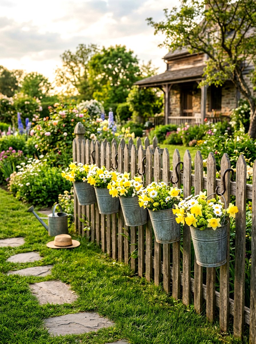 Galvanized bucket fence hanger - 25 Spring Picket Fence Planter Ideas