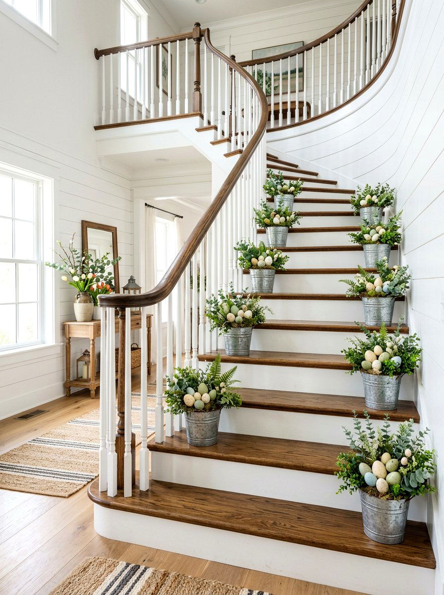 Galvanized bucket stair decor - 25 Spring Galvanized Decor Ideas