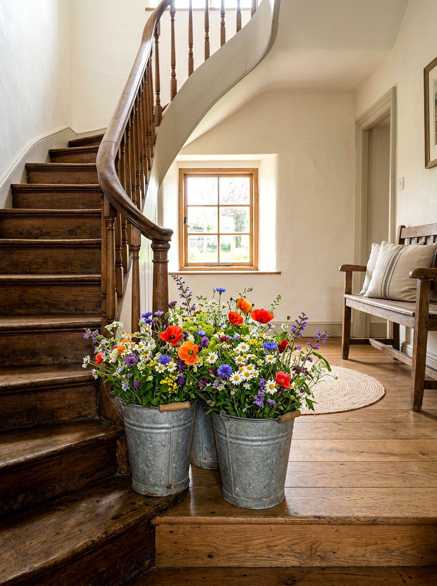 Galvanized bucket wildflower display - 25 Spring Staircase Decor Ideas