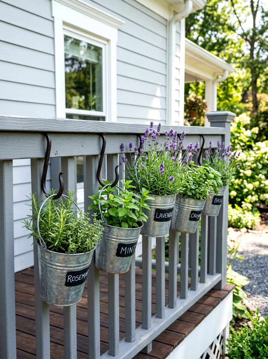 Galvanized buckets for porch railing - 25 Spring Porch Railing Decor Ideas
