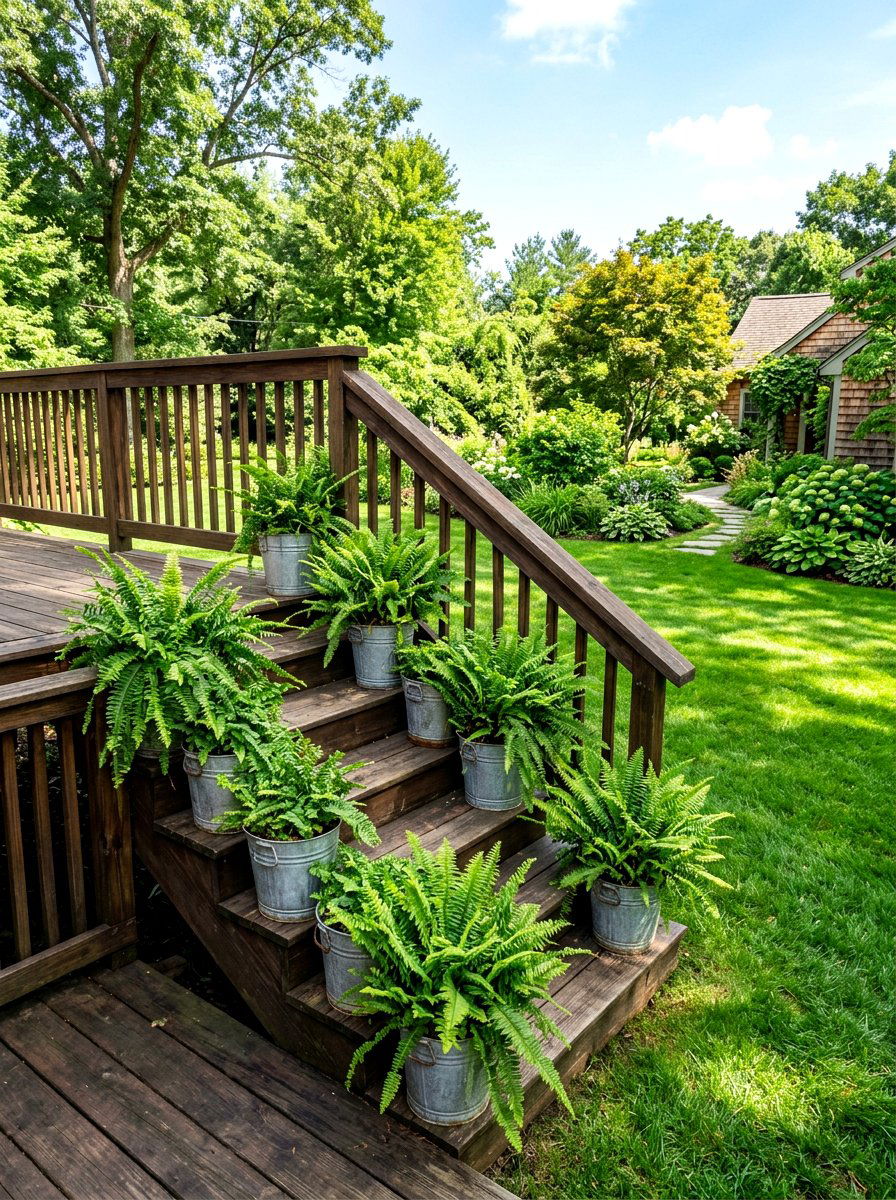 Galvanized buckets - 25 Spring Deck Staircase Decor Ideas