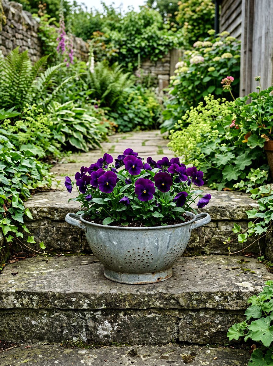 Galvanized colander pansy display - 25 Spring Colander Planter Ideas