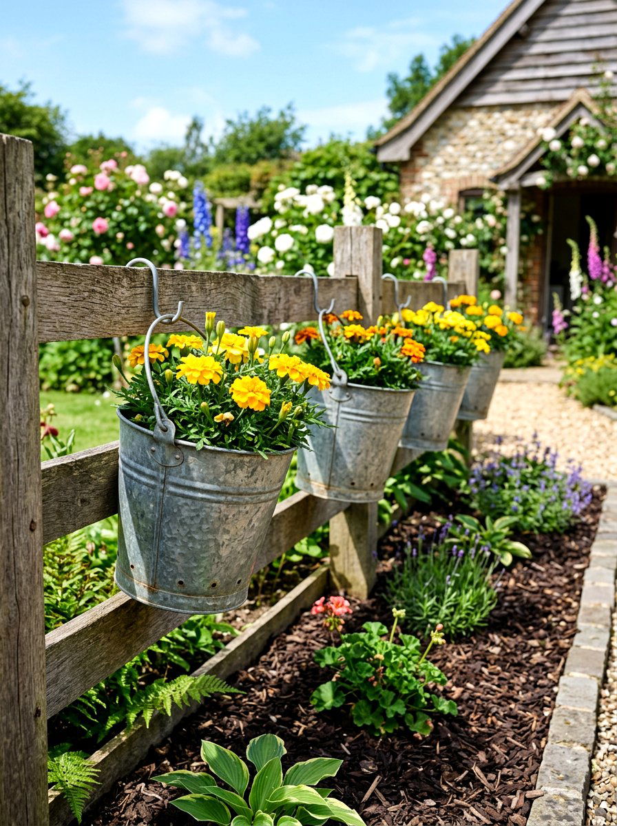 Galvanized metal buckets - 25 Spring Cottage Fence Decor Ideas