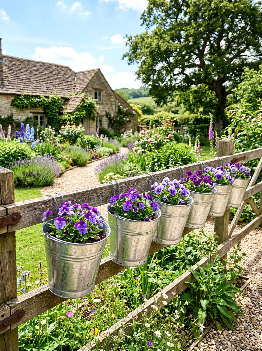 Galvanized metal buckets - 25 Spring Fence Line Decor Ideas