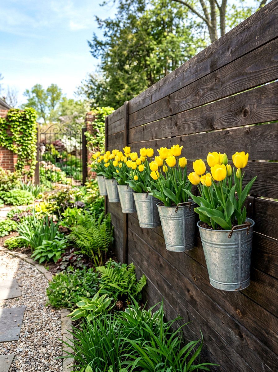 Galvanized metal buckets - 25 Spring Garden Wall Decor Ideas