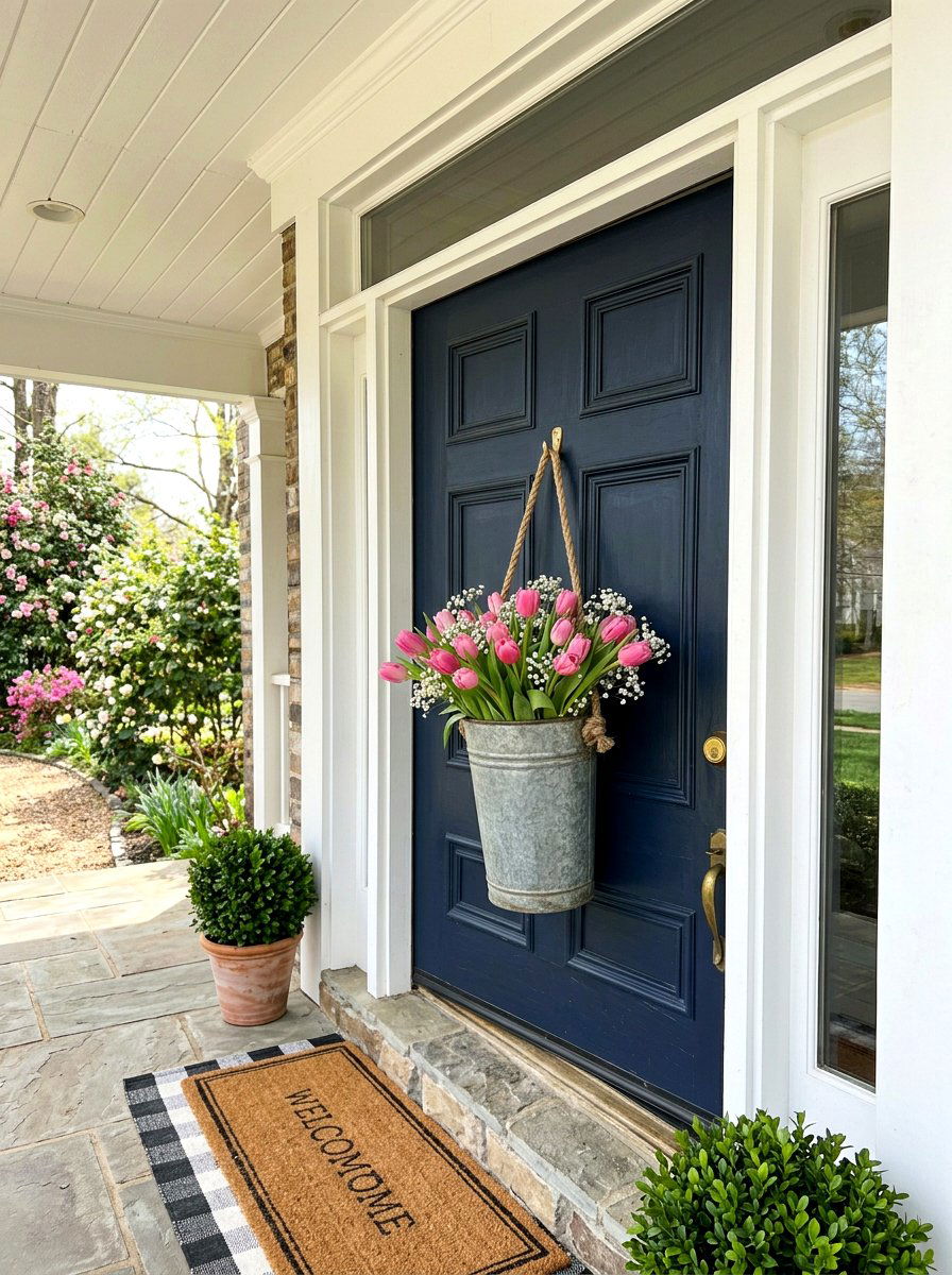 Galvanized metal flower bucket - 25 Spring Flower Bucket Door Ideas