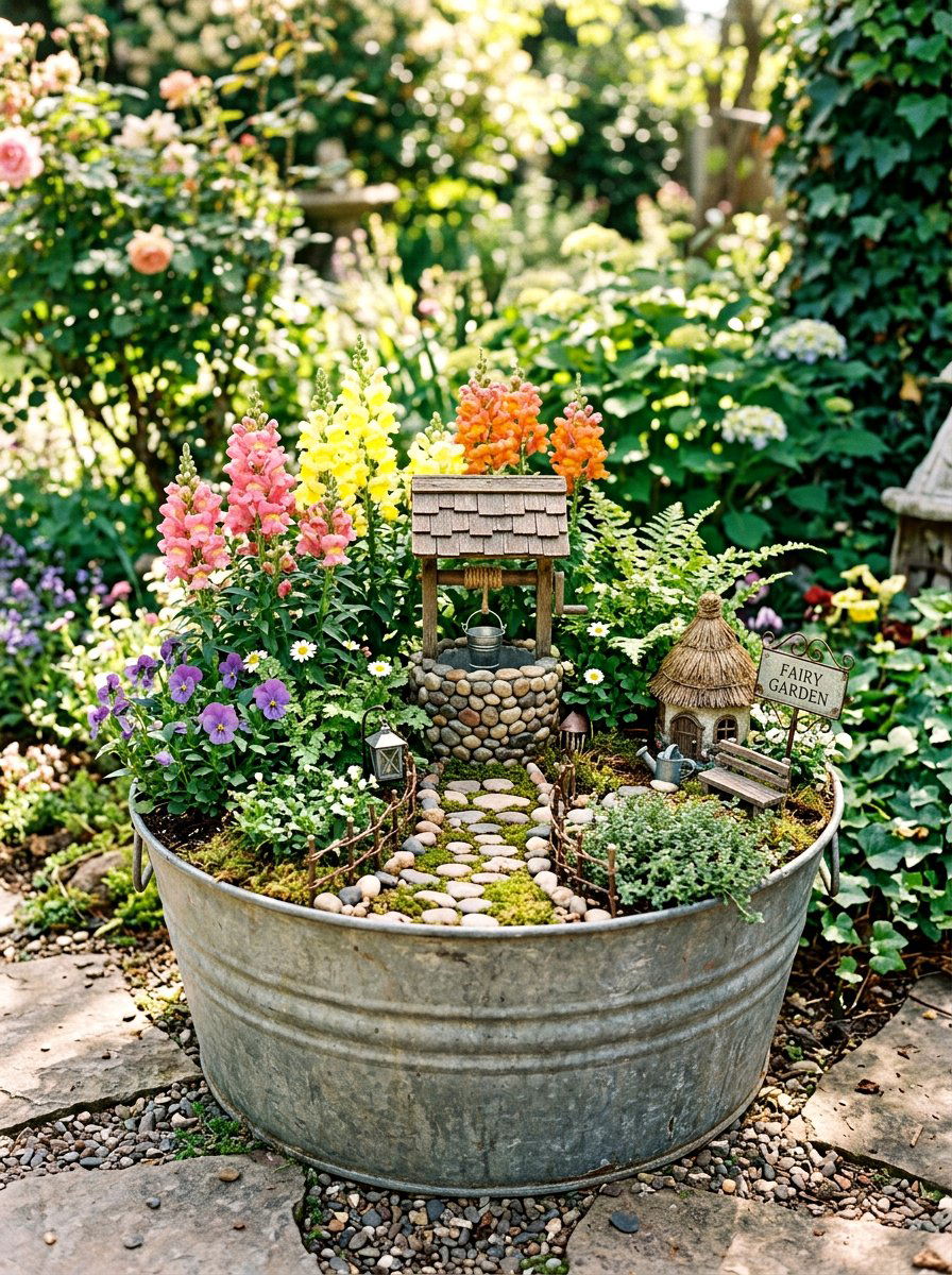 Galvanized tub fairy garden - 25 Spring Fairy Garden Ideas