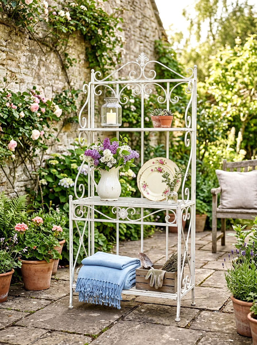 Garden Bakers Rack - 25 Spring Outdoor Shelf Decor Ideas