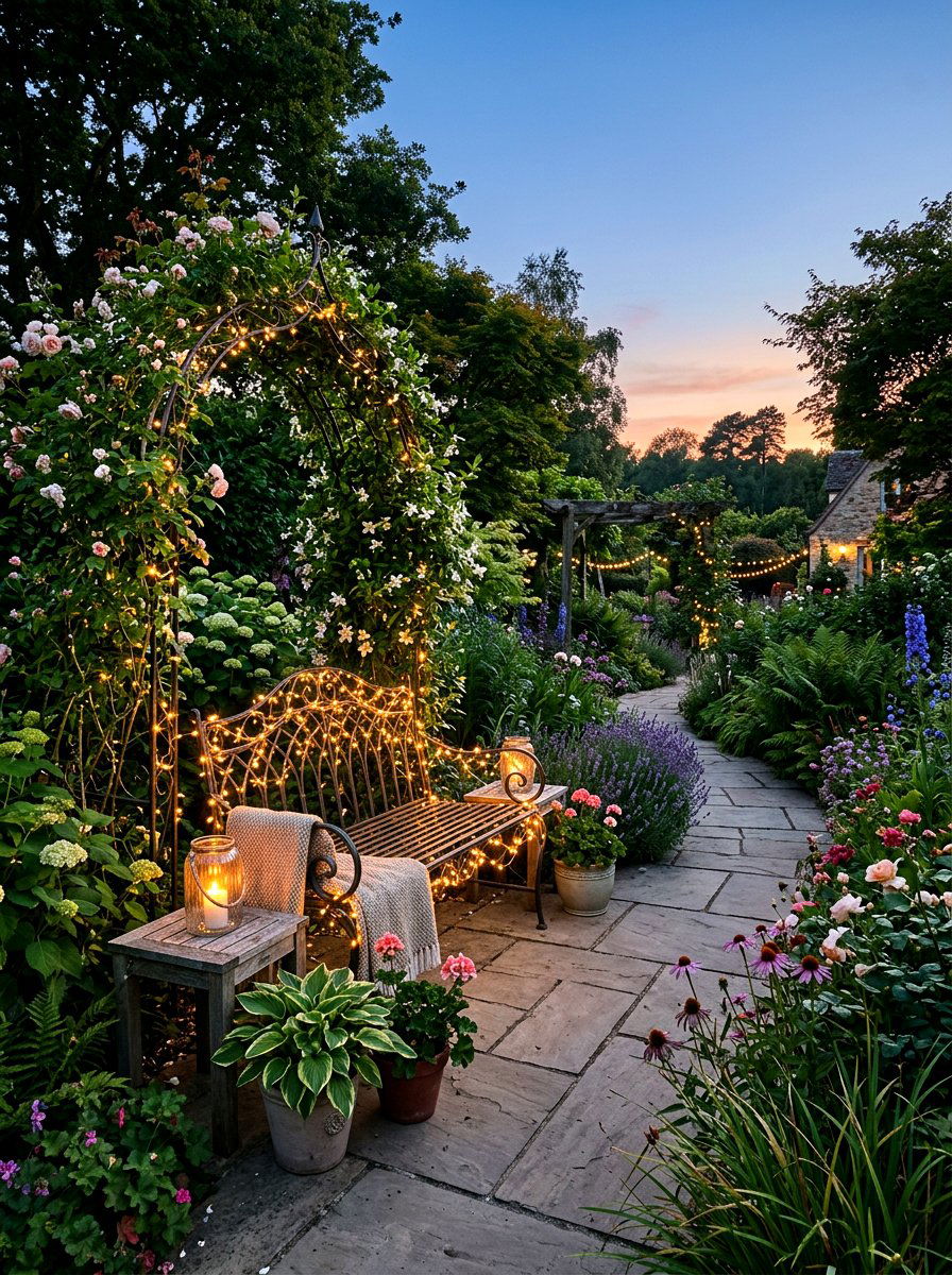 Garden Bench Fairy Lights - 25 Spring Garden Bench Decor Ideas