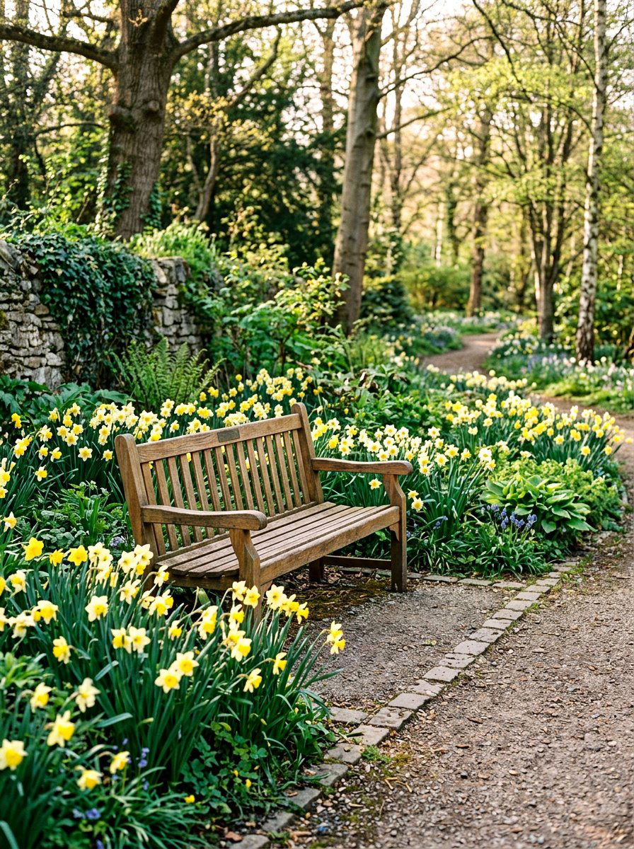 Garden Bench Seating - 25 Spring Daffodil Garden Ideas