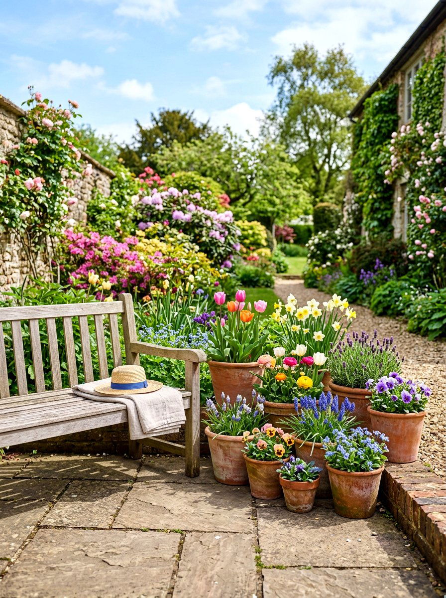 Garden Bench Terra Cotta Pots - 25 Spring Garden Bench Decor Ideas