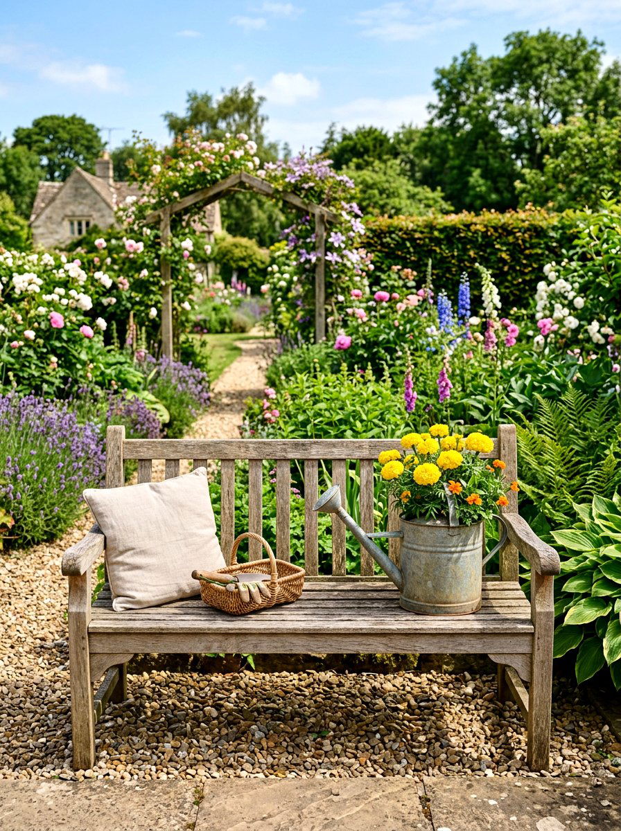 Garden Bench Watering Can - 25 Spring Garden Bench Decor Ideas