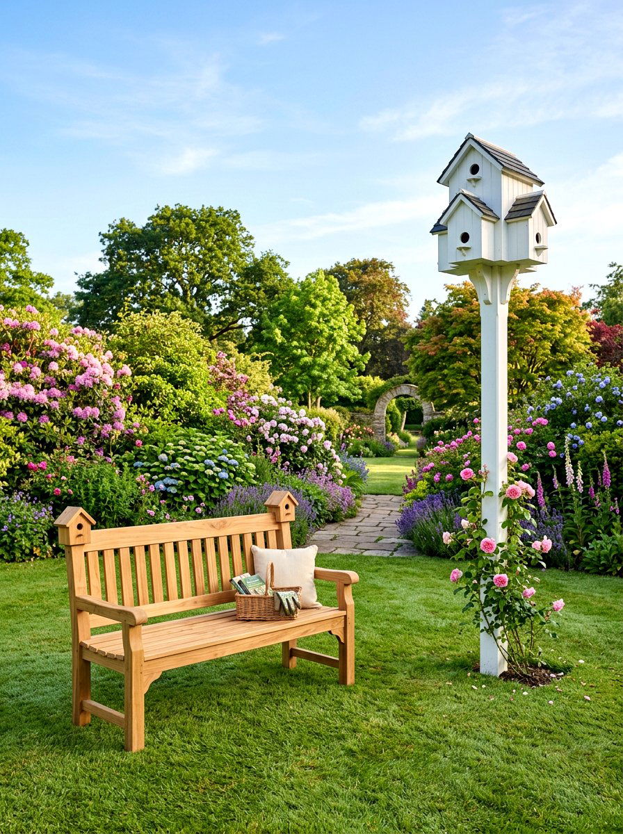 Garden Bench With Birdhouse - 25 Spring Garden Bench Decor Ideas