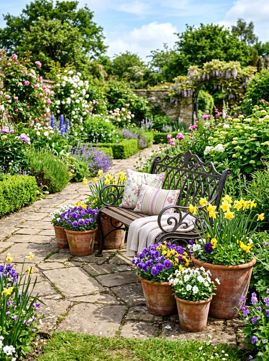 Garden Bench With Flower Pots - 25 Spring Outdoor Bench Decor Ideas