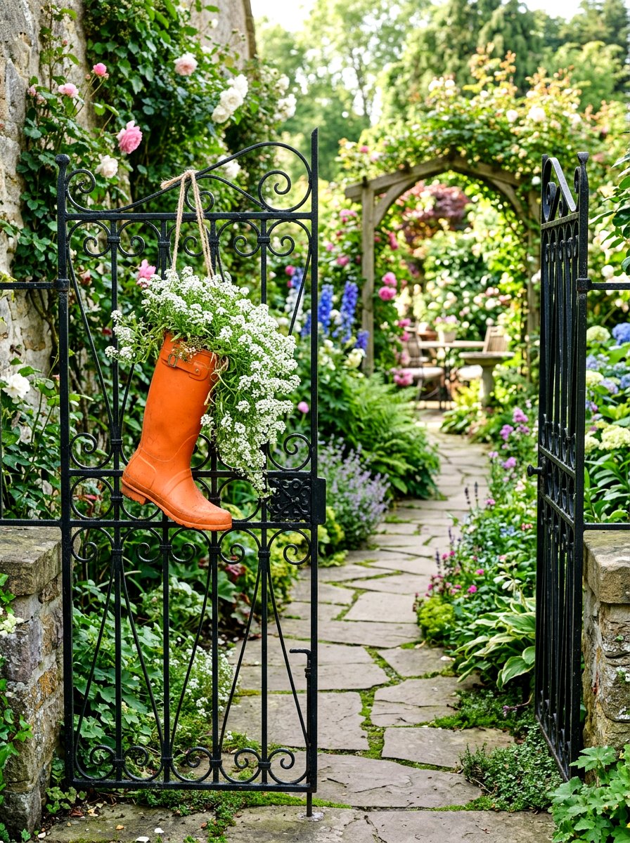 Garden Gate Boot Decoration - 25 Spring Rubber Boot Planter Ideas