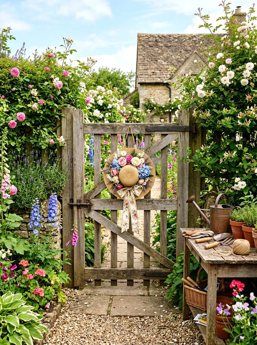 Garden Hat Floral Gate - 25 Spring Wooden Gate Decor Ideas